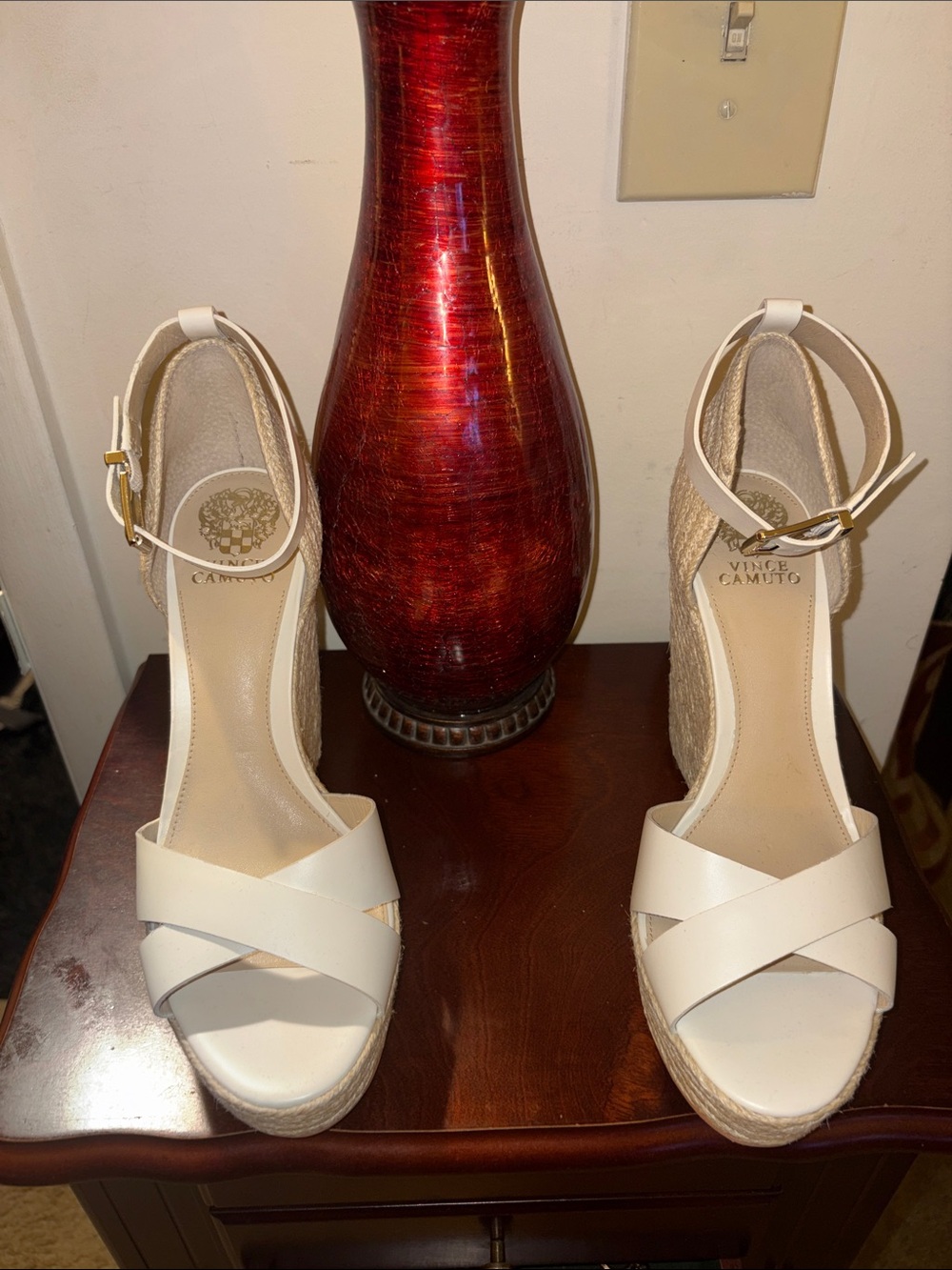 Vince Camuto 5 Inch White Espadrille Ankle-Strap Wedge Sandals